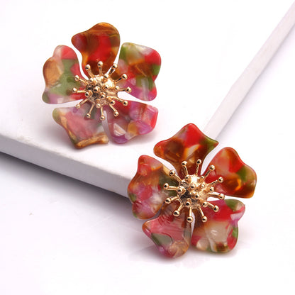 Retro Acetic Acid Acrylic Earrings – Exaggerated Floral & Leopard Wave Design