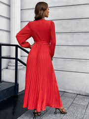 V-Neck Tie Waist Pleated Maxi Dress