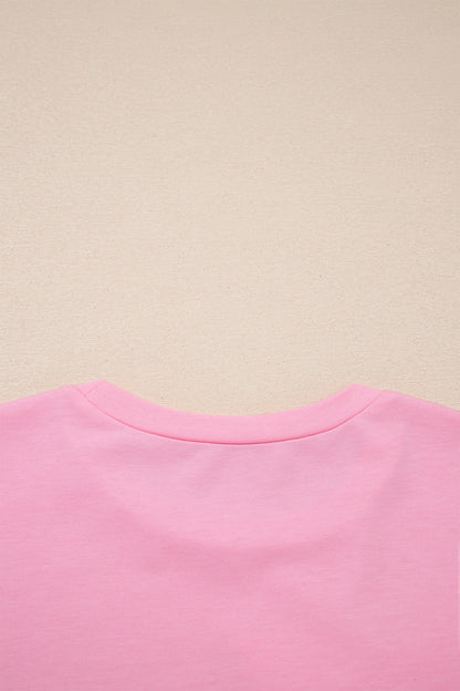 Pink Solid Color Raw Edge Bow Patch Loose T Shirt