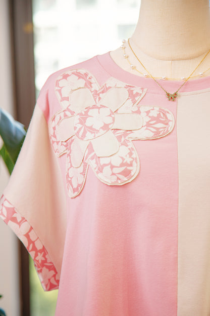 Apricot Color Block Flower Patched Loose T Shirt