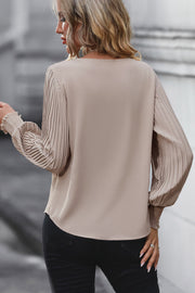 Perfee Pleated Lantern Sleeve V-Neck Blouse