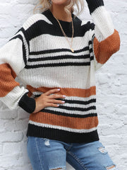 Contrast Striped Round Neck Long Sleeve Sweater