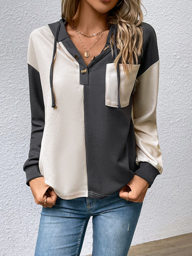 Perfee Contrast Color Button-Up Raglan Sleeve Hoodie