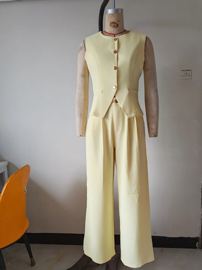 Solid color button pocket front buckle office summer vest suit pants set