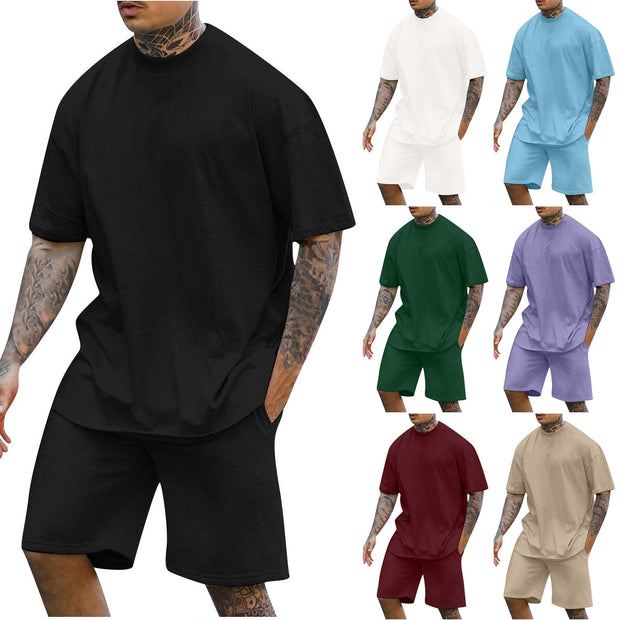 Men's Round Neck Drop Shoulder Top and Shorts Two-piece Set