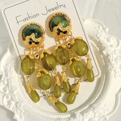 Olive Green Resin Long Tassel Drop Earrings