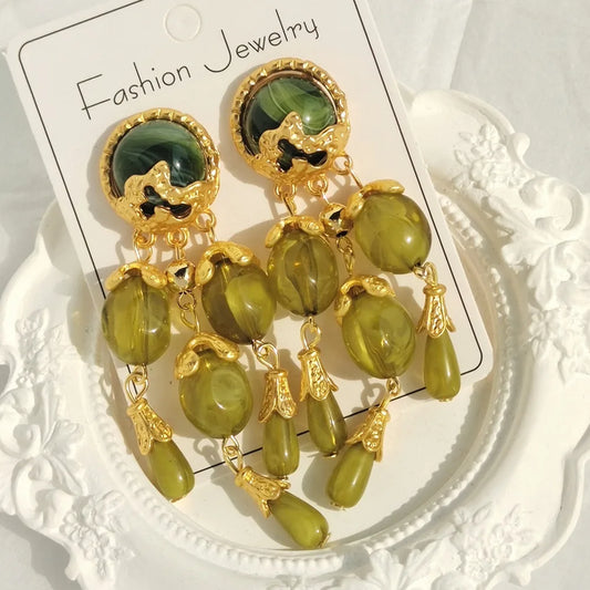 Olive Green Resin Long Tassel Drop Earrings