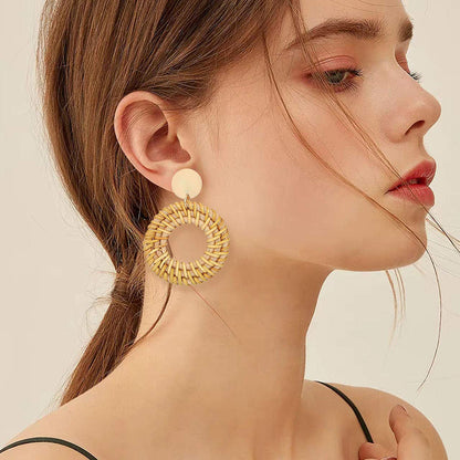 Exaggerated Handmade Rattan Woven Copper & Wood Earrings