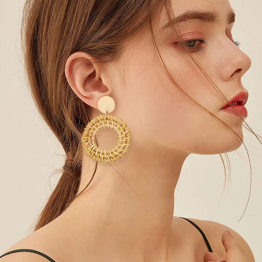 Exaggerated Handmade Rattan Woven Copper & Wood Earrings