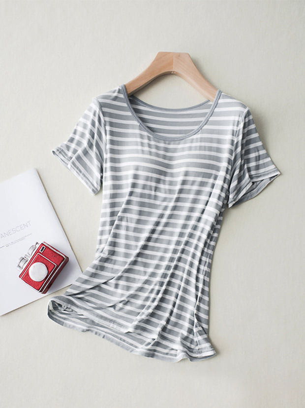 Striped Round Neck Short Sleeve T-Shirt with Bra