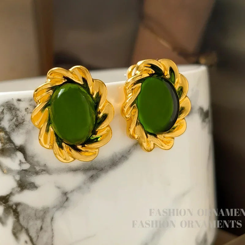 Silver Needle Vintage Temperament Green Glass Earrings For Women Party Gifts Delicate Design Style