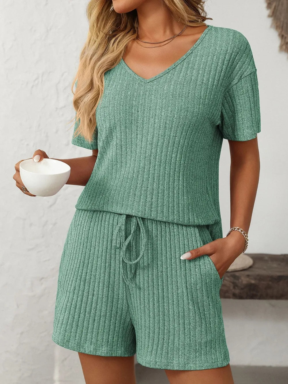 Solid Color Ribbed Short Sleeve Sleepwear Set