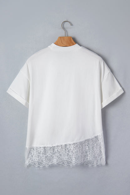 White Asymmetric Lace Hem Patchwork Tee