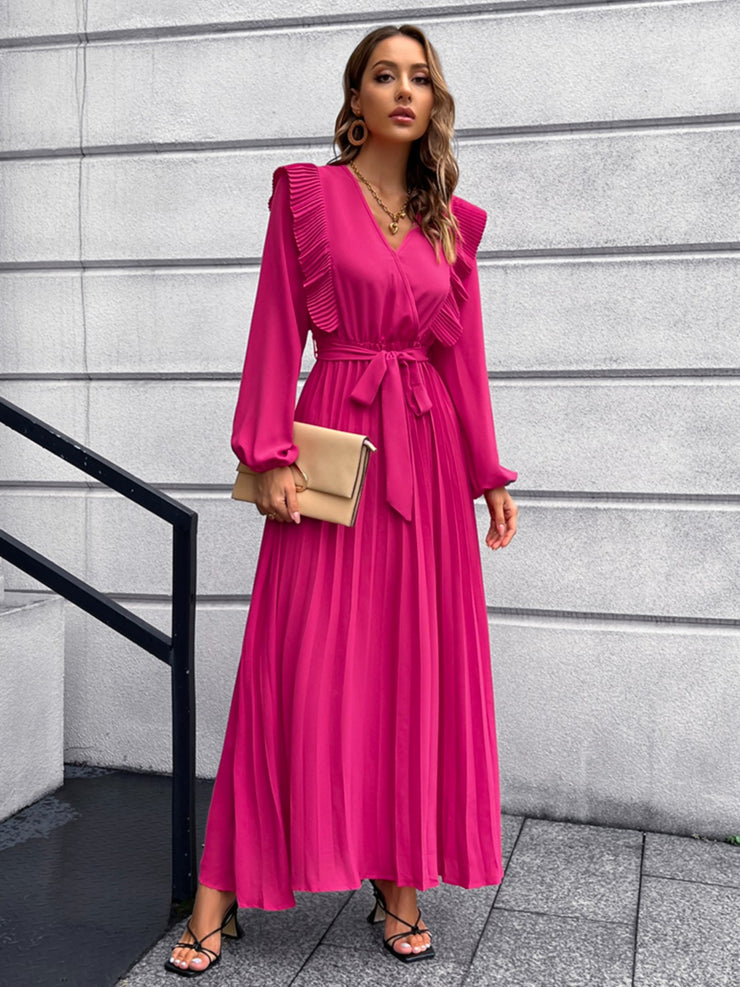 Pleated Surplice Tie Waist Maxi Dress