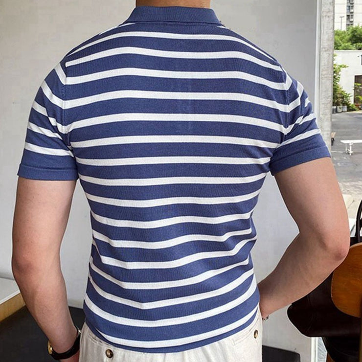 Blue Striped Business Polo Shirt For Men