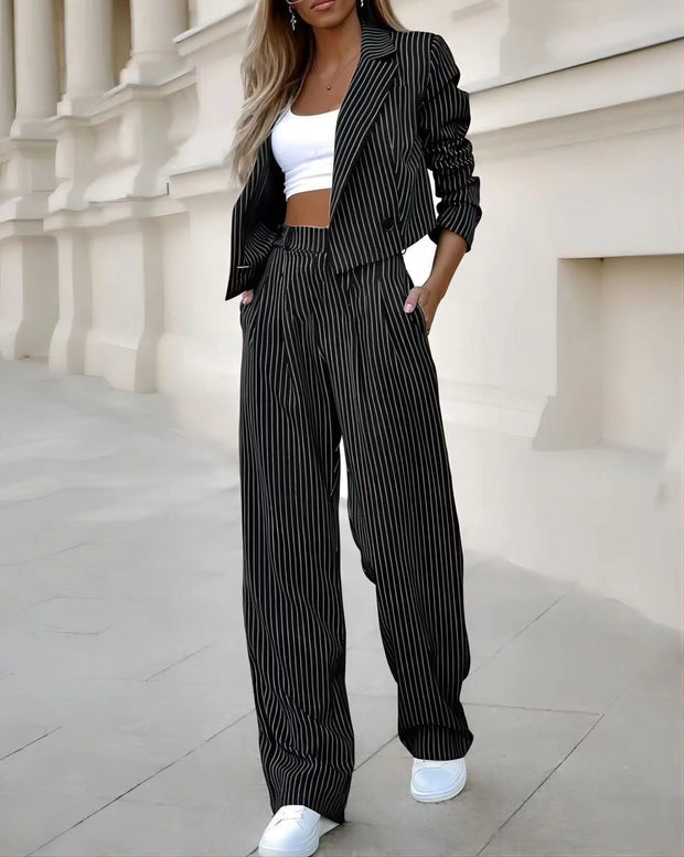 Woman Long Sleeve Cropped Top, Straight Pants Suits