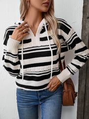 Drawstring Striped Long Sleeve Hooded Sweater