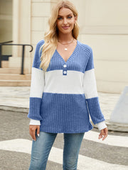 Color Block V-Neck Long Sleeve T-Shirt