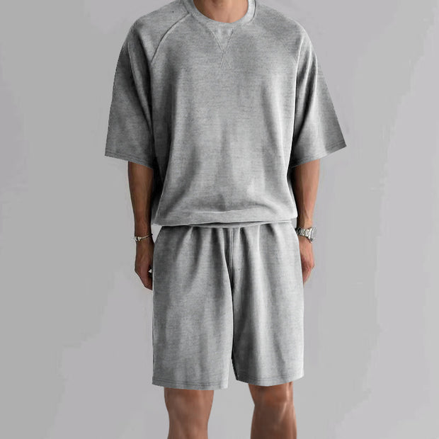 Men's Terry Casual Round Neck Sports Shorts Short Sleeve Two-piece Set