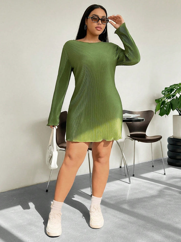 Honey Plus Size Lettuce Hem Round Neck Long Sleeve Dress