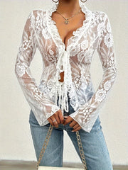 Lace Tied Ruffled V-Neck Long Sleeve Top