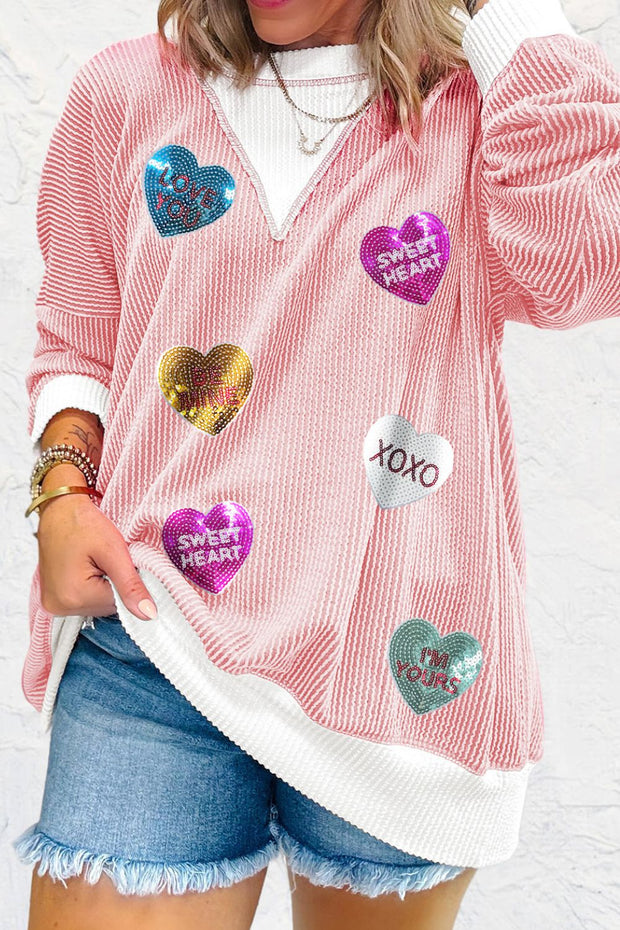 Valentine’s Day Sequin Heart Long Sleeve Sweatshirt