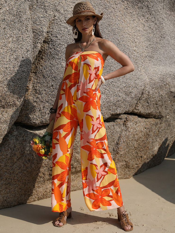 Tied Printed Tube Wide Leg Jumpsuit