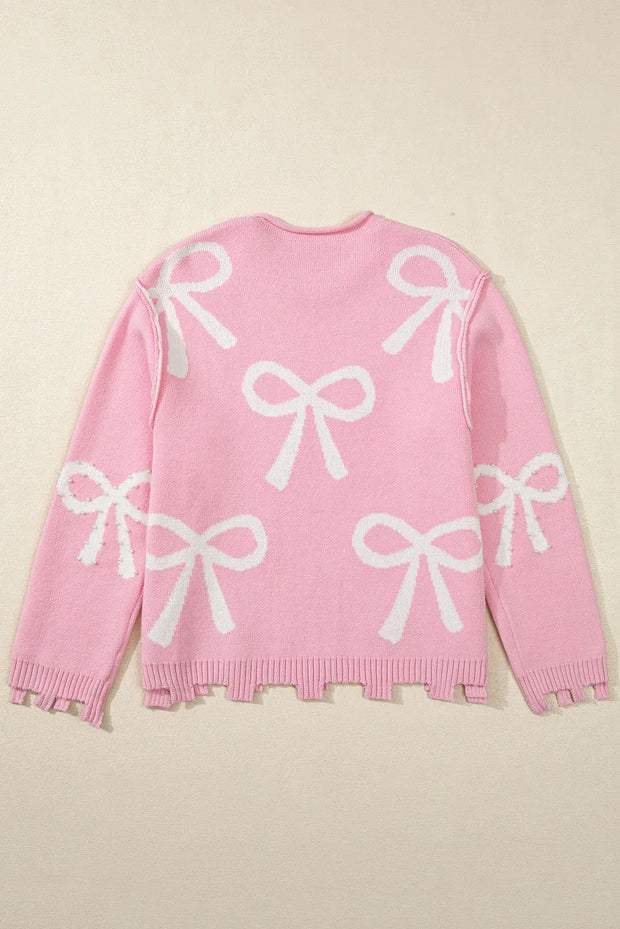 Pearl Detail Bow Round Neck Long Sleeve Sweater