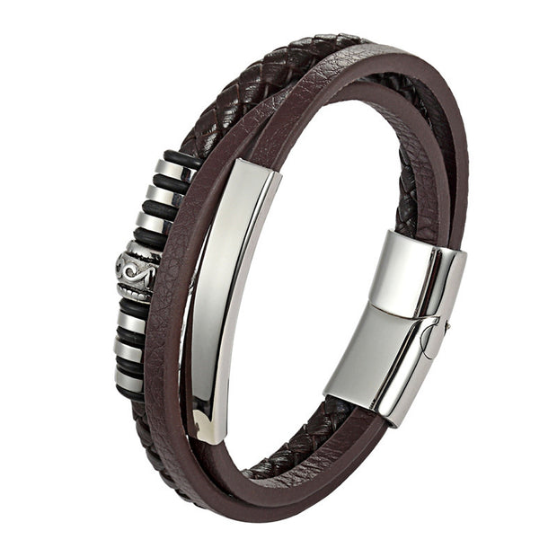 Stainless Steel Leather Bracelet Men Hand Woven