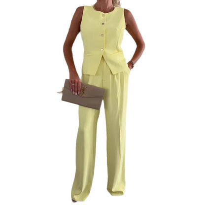 Solid color button pocket front buckle office summer vest suit pants set
