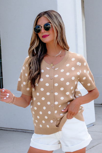 Dark Khaki Polka Dot Short Sleeve Button Down Sweater Cardigan