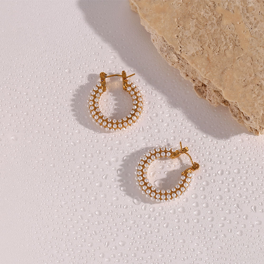 Stainless Steel 18K Gold Plated Pearls Earrings