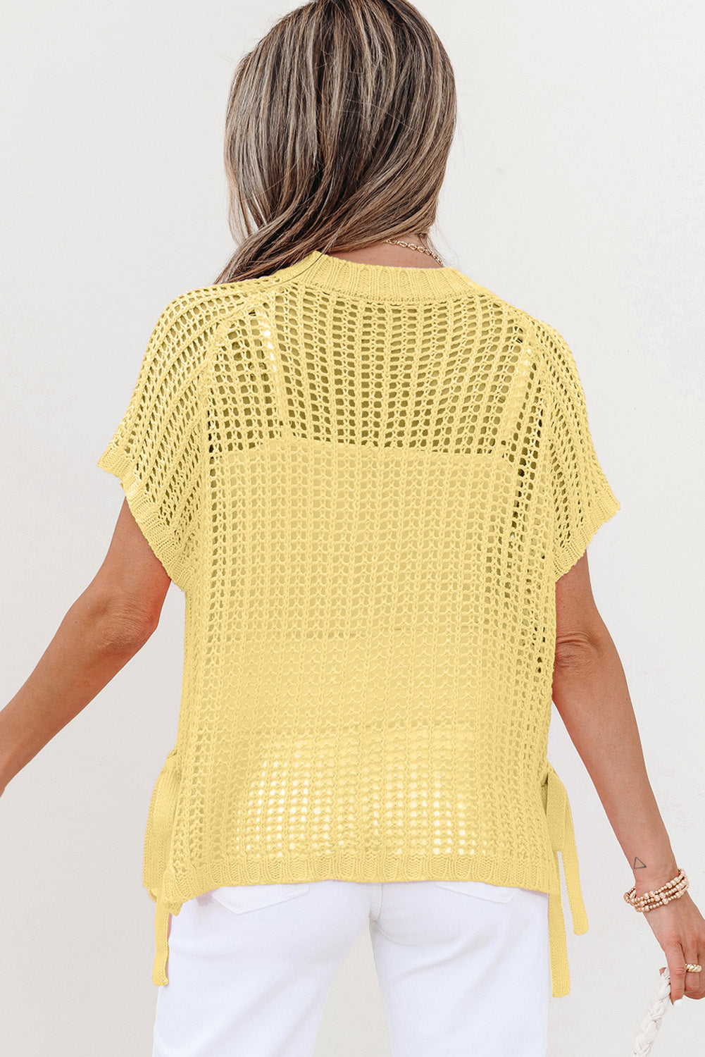 Pink Hollow-out Crochet Side Tied Short Sleeve Sweater
