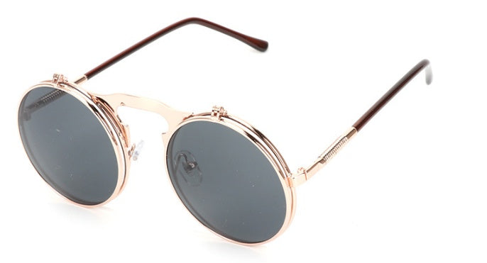 Men Vintage Round SteamPunk Flip-up Sunglasses