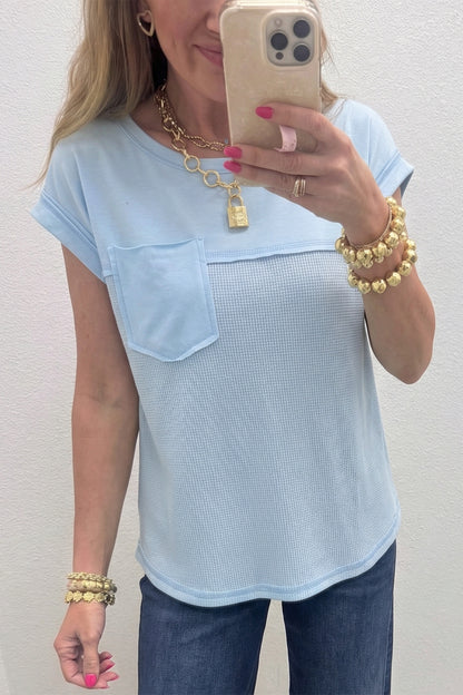 Pink Solid Color Raw Seam Waffled Patchwork Casual T Shirt