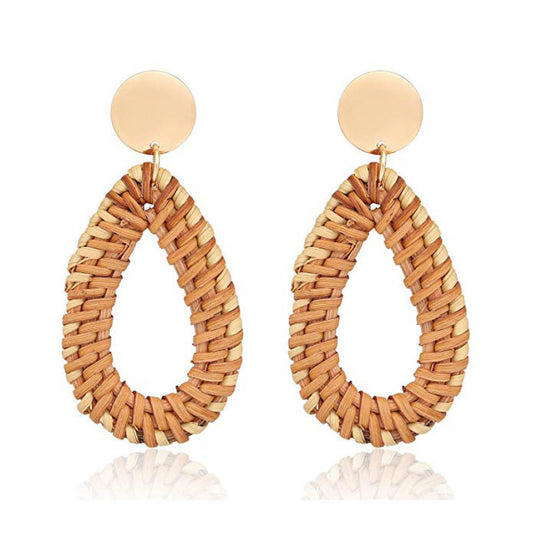 Handmade Wooden Rattan Woven Drop-Shaped Earrings