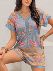 Printed V-Neck Short Sleeve Romper