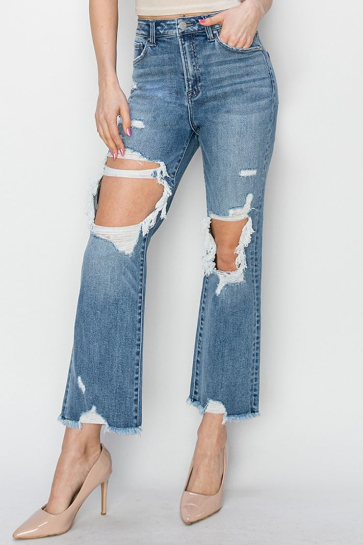 RISEN High Rise Distressed Crop Straight Jeans