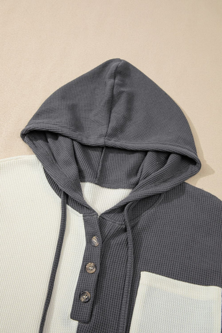 Waffle-Knit Two-Tone Long Sleeve Hoodie