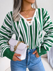 Striped Lace-Up Long Sleeve Sweater