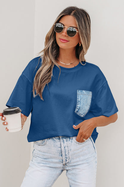 White Color Block Chest Pocket Patched Casual Short Sleeve Top