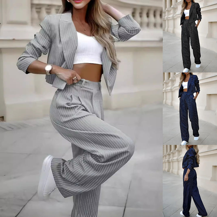 Woman Long Sleeve Cropped Top, Straight Pants Suits