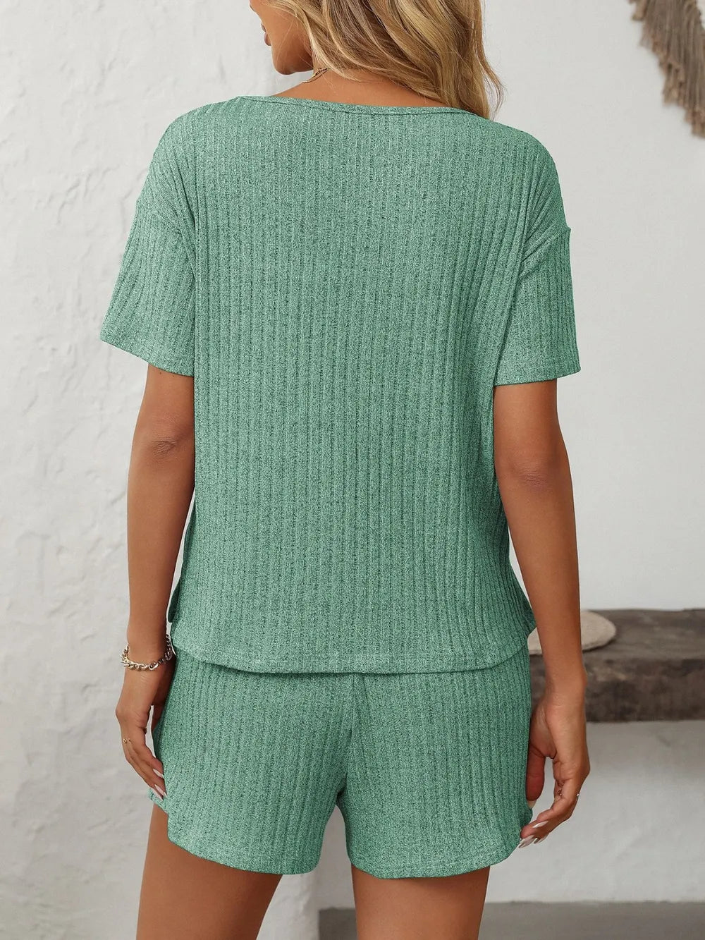 Solid Color Ribbed Short Sleeve Sleepwear Set