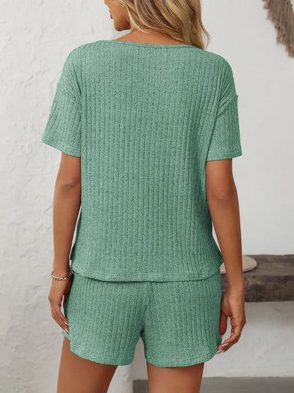 Solid Color Ribbed Short Sleeve Sleepwear Set