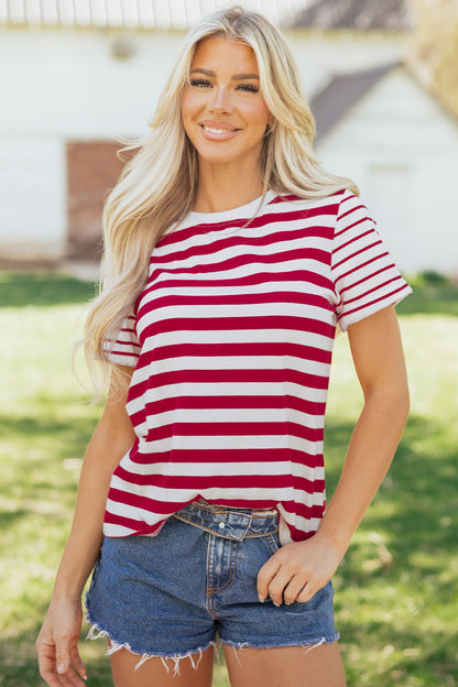 Red Stripe Patchwork Round Neck T Shirt