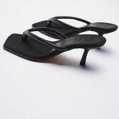 Slender high heels medium heels sandals minimalist black flip toe shoes high heels sandals for women