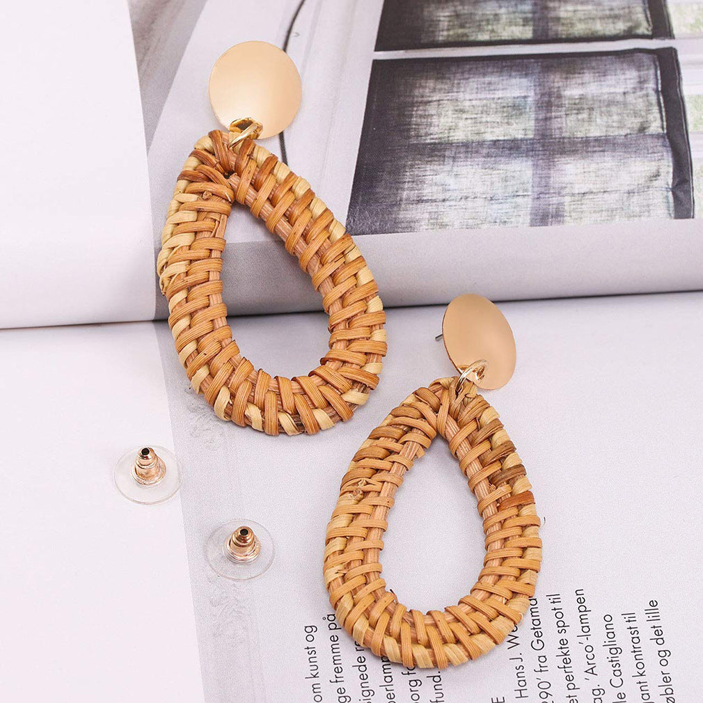 Handmade Wooden Rattan Woven Drop-Shaped Earrings