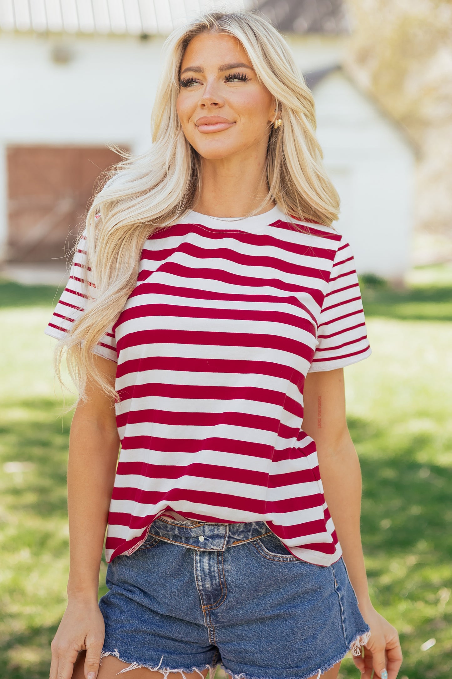 Red Stripe Patchwork Round Neck T Shirt