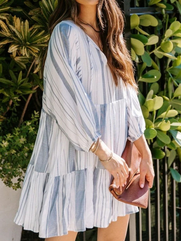 Tassel Striped Tie Neck Batwing Sleeve Dress