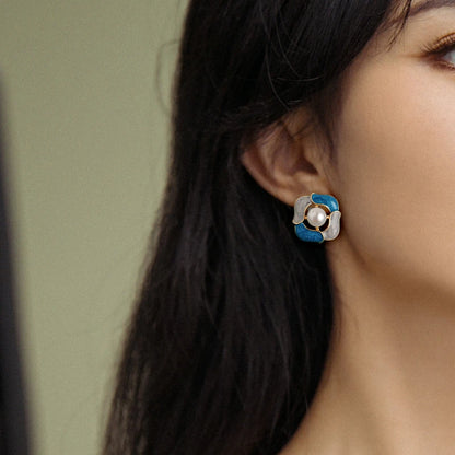 Vintage Blue Drip Oil Enamel Pearl Stud Earring